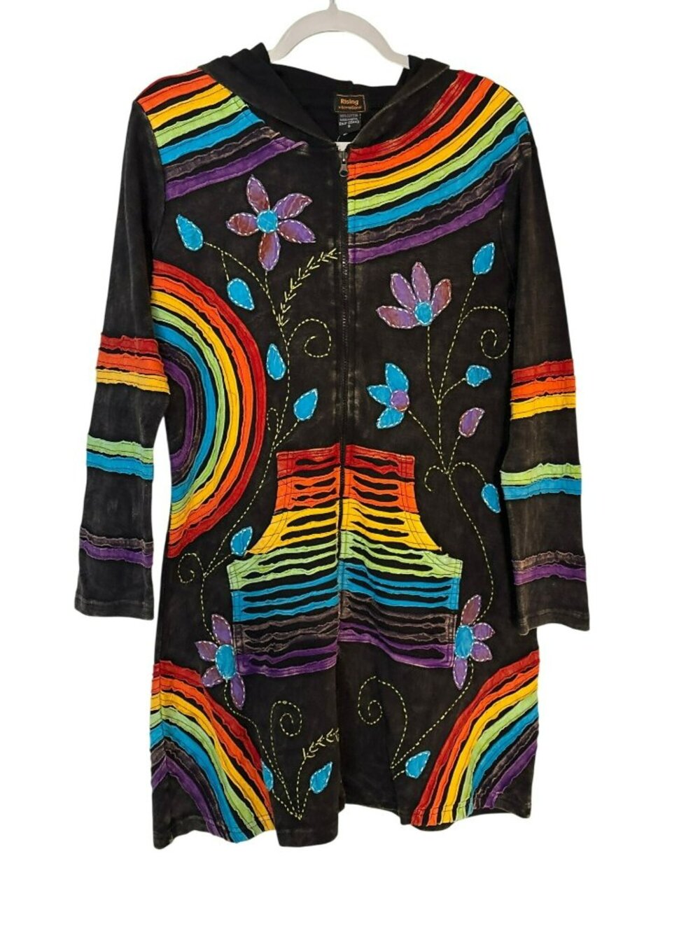 Rising International Cotton Hooded Rainbow Floral Nepal Zip Jacket Size S